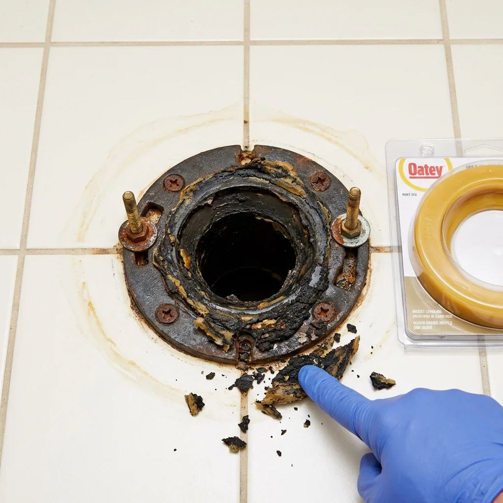 Failed wax ring showing water seepage at the base of a toilet in a Waynesboro, GA home
