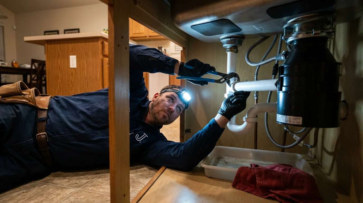 P-trap and supply line connections under a kitchen sink showing a common leak point in Waynesboro, GA